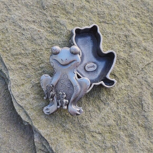 VTG Torino Pewter Frog Earrings Brooch Jewelry Trinket Box - Picture 5 of 10